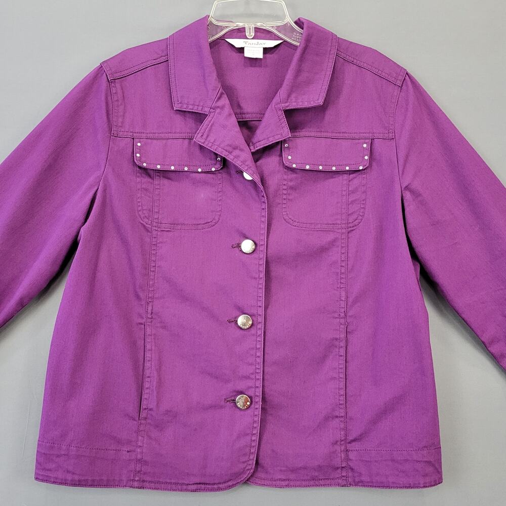 TanJay Purple Button Up Jacket 3/4 Sleeves Rhinestones Lightweight Coat Womens 8